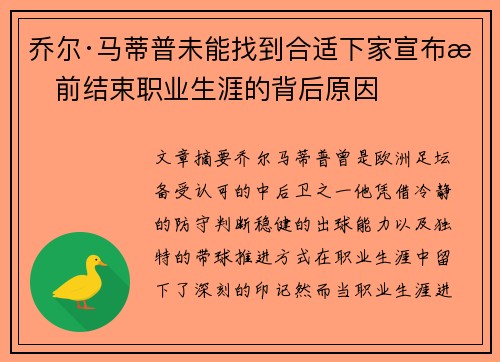 乔尔·马蒂普未能找到合适下家宣布提前结束职业生涯的背后原因