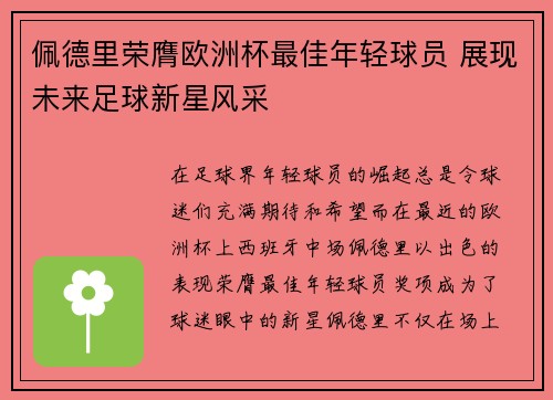 佩德里荣膺欧洲杯最佳年轻球员 展现未来足球新星风采