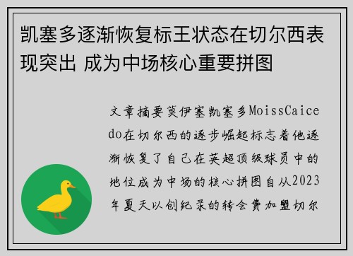 凯塞多逐渐恢复标王状态在切尔西表现突出 成为中场核心重要拼图